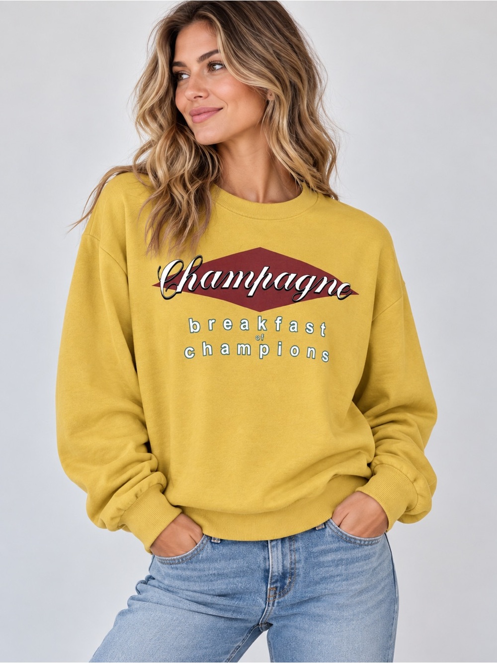 Champagne Graphic Pullover Sweatshirt Modish Rebel Yellow Small